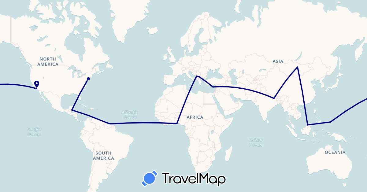 TravelMap itinerary: driving in Benin, Brunei, Belize, Cyprus, Guyana, Montenegro, Macedonia, Mongolia, Nepal, Palau, Suriname, Togo, United States (Africa, Asia, Europe, North America, Oceania, South America)