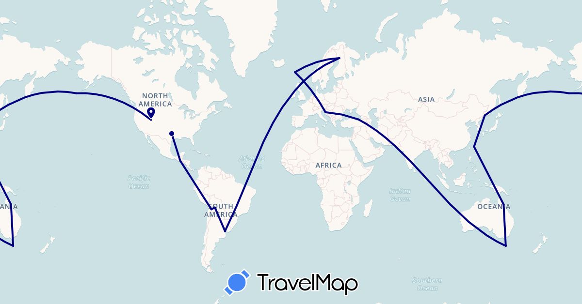 TravelMap itinerary: driving in Australia, Bolivia, Finland, Faroe Islands, Guatemala, Croatia, Japan, Russia, Turkey, United States, Uruguay (Asia, Europe, North America, Oceania, South America)