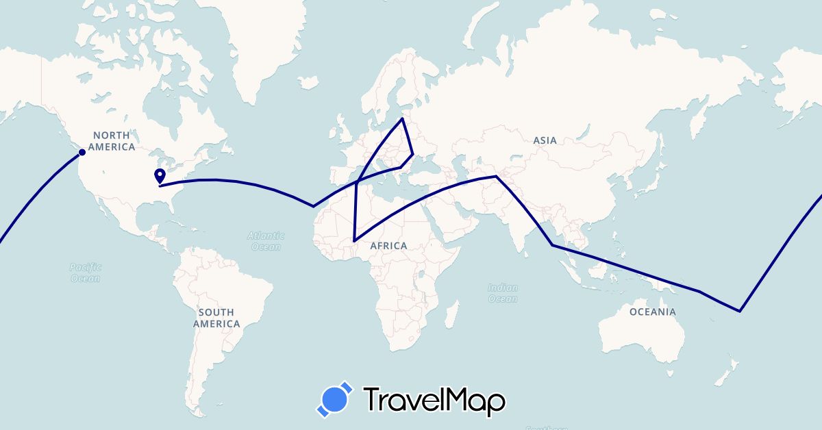 TravelMap itinerary: driving in Bulgaria, Algeria, Spain, Fiji, Israel, India, Latvia, Moldova, Niger, Solomon Islands, United States, Uzbekistan (Africa, Asia, Europe, North America, Oceania)