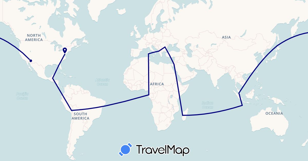 TravelMap itinerary: driving in Albania, Christmas Island, Gabon, Guatemala, Italy, Jordan, Japan, Madagascar, Malaysia, Peru, Romania, United States (Africa, Asia, Europe, North America, South America)