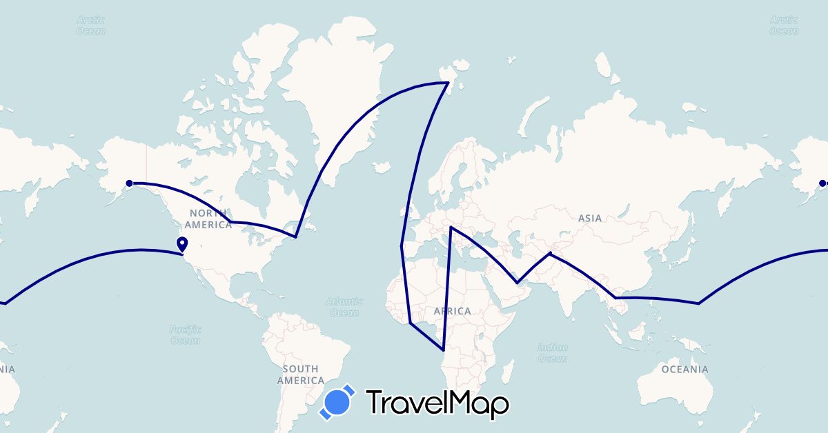 TravelMap itinerary: driving in Angola, Canada, Côte d'Ivoire, Laos, Norway, Portugal, Qatar, Slovakia, Tajikistan, United States (Africa, Asia, Europe, North America)
